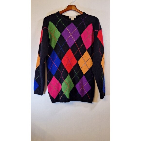 Vintage 80's 90's Casual Corner Colorful Angora Wool Blend Argyle Sweater Small - Picture 1 of 9
